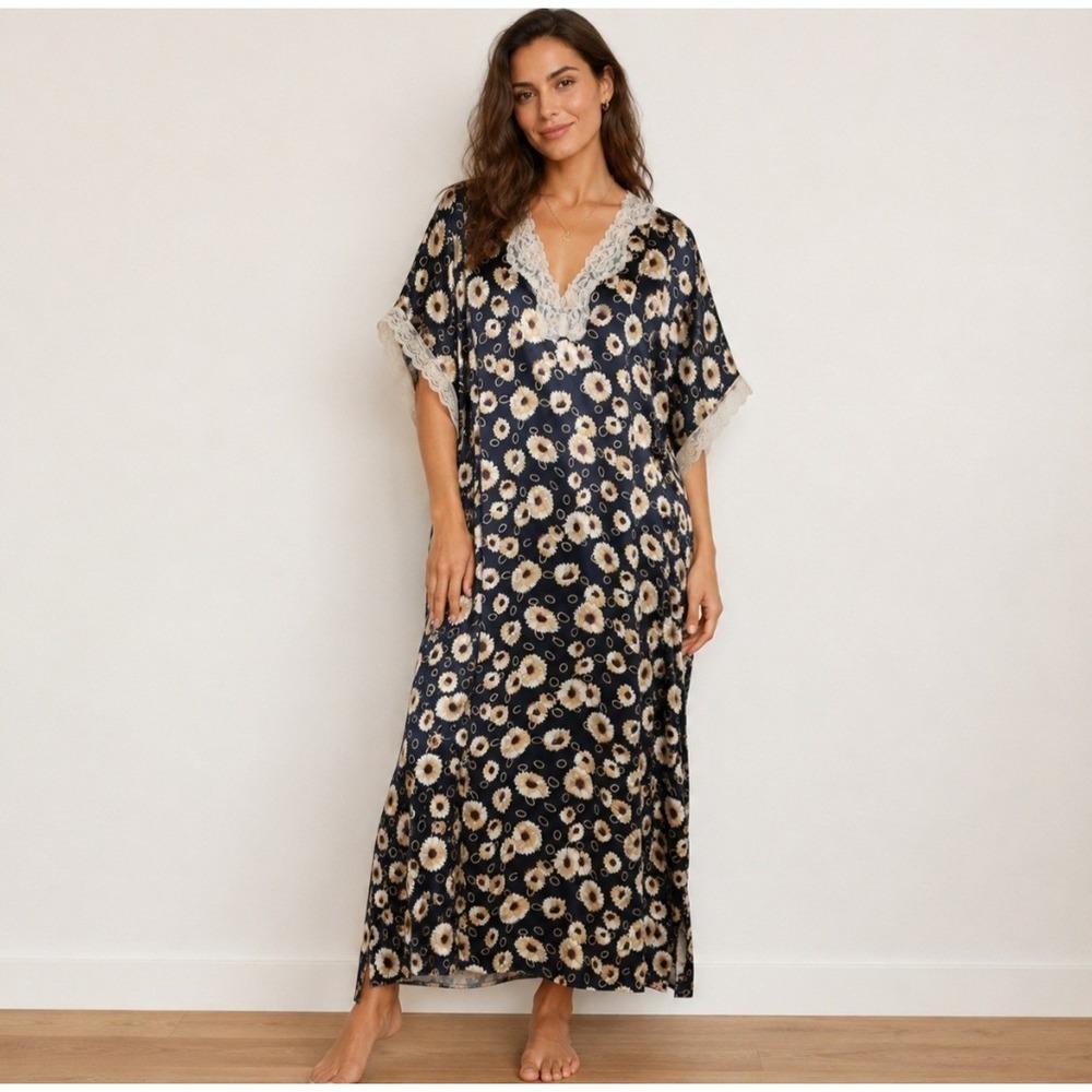 Vintage Navy Floral Lace Trim Caftan House Dress Lounge Maxi Size Lg Mrs Roper